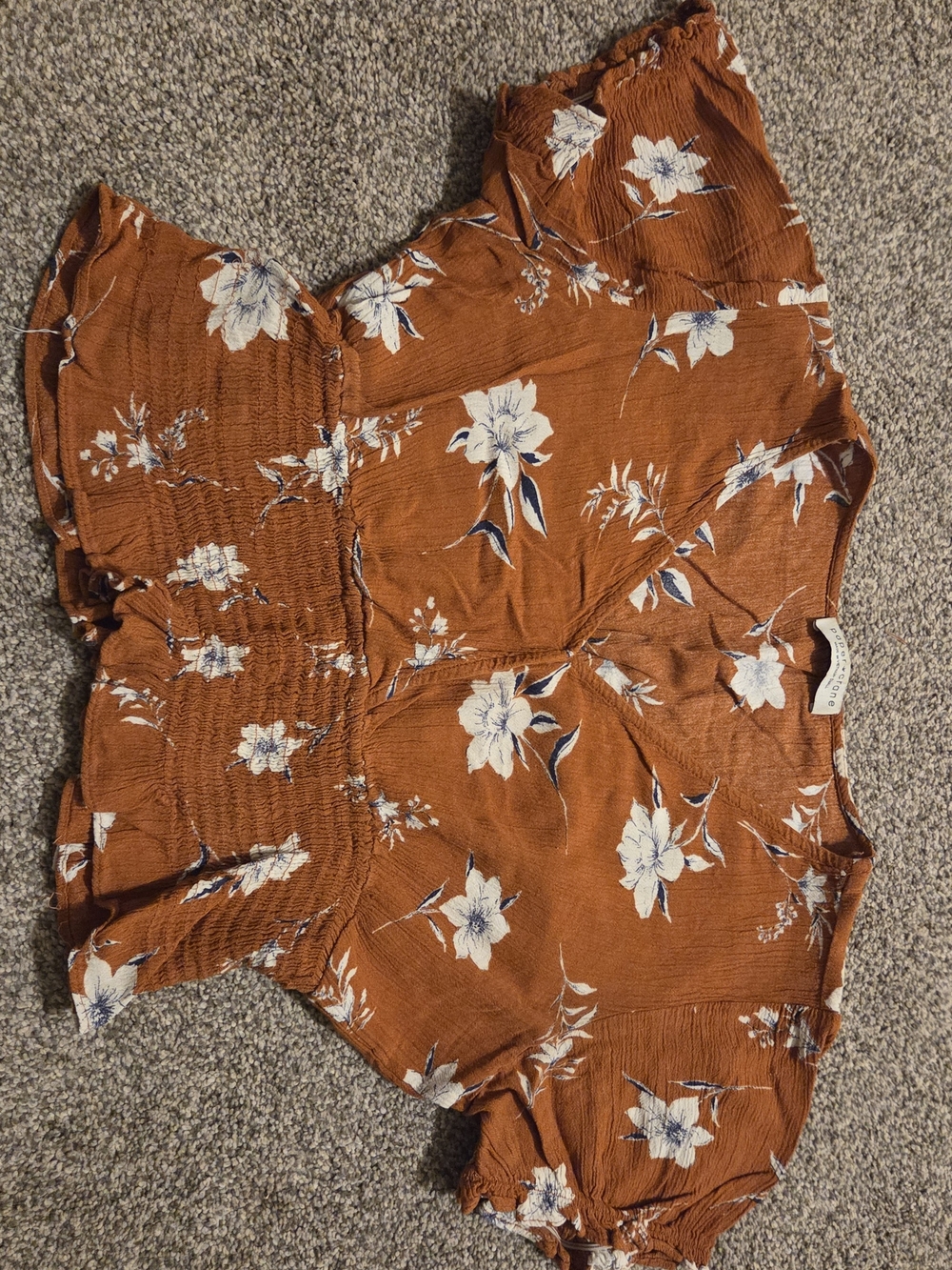 Paper Crane Rust Orange Floral Smocked Short Sleeve Top